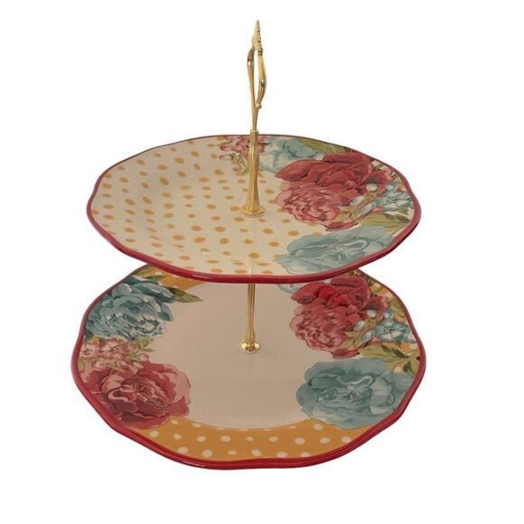 PIONEER WOMAN COLLECTION CUPCAKE DESSERT STAND 2-TIER Floral Blossom Jubilee - Picture 1 of 8